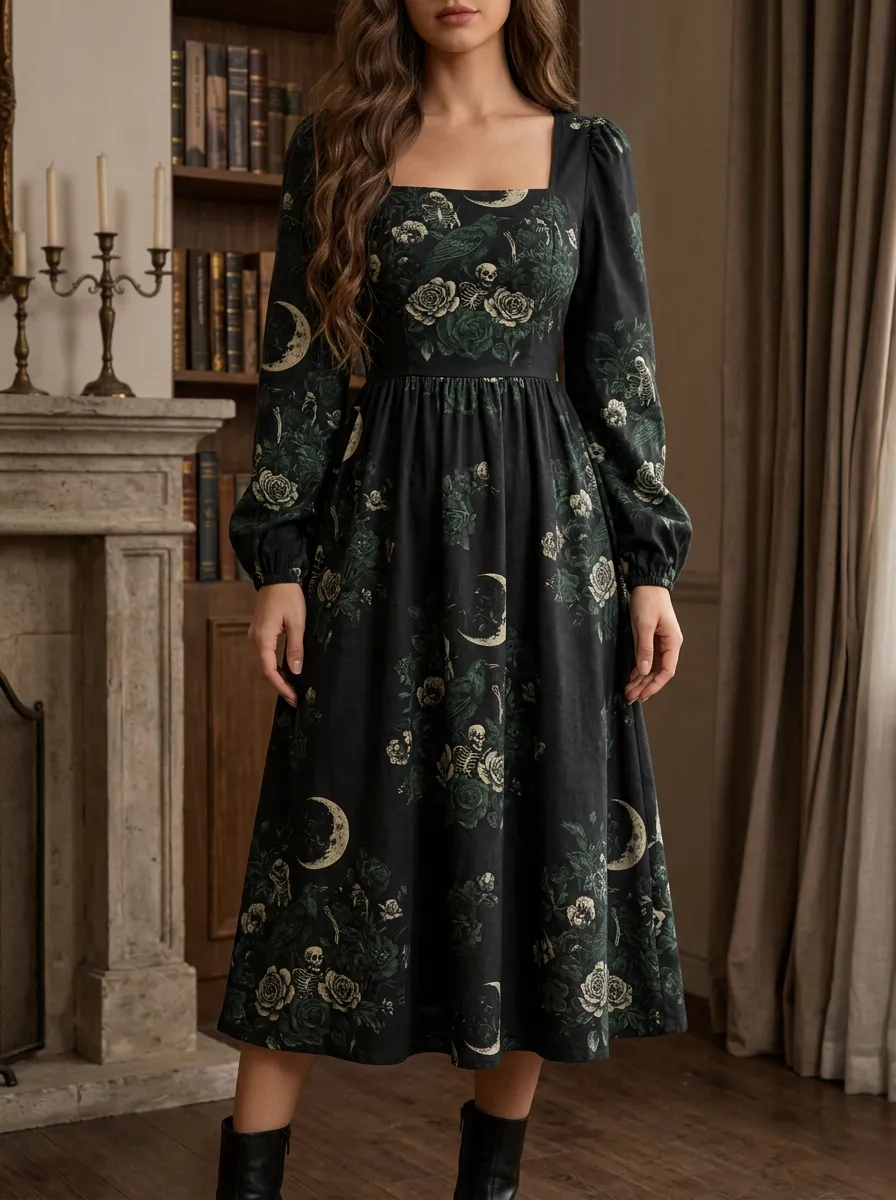 Women's Halloween Gothic Moon Rose Skull Printed Dress