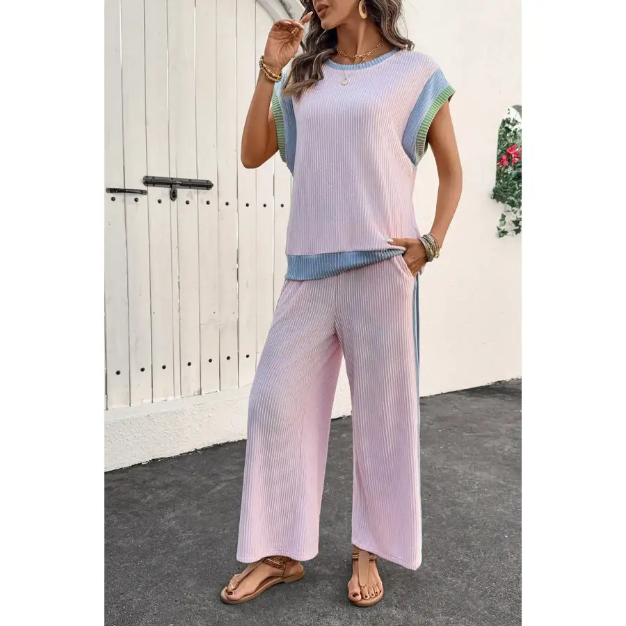 Relaxed Contrast Round Neck Top and Pants Set