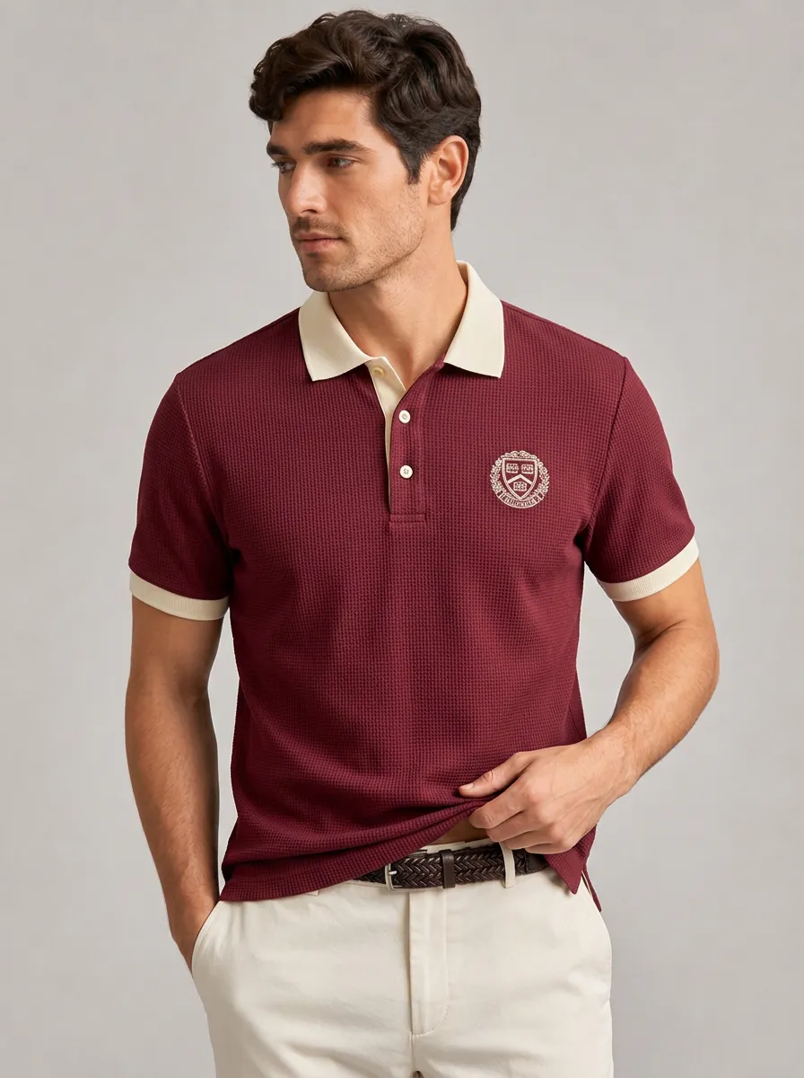 Men's Equestrian Lover Crest Logo Printed Waffle-Knit Crest Polo Shirt