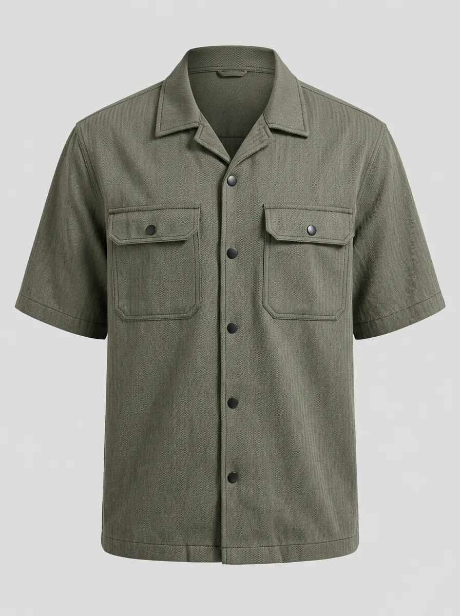 Men's Casual Olive Green Solid Button-Down Short Sleeve Shirt