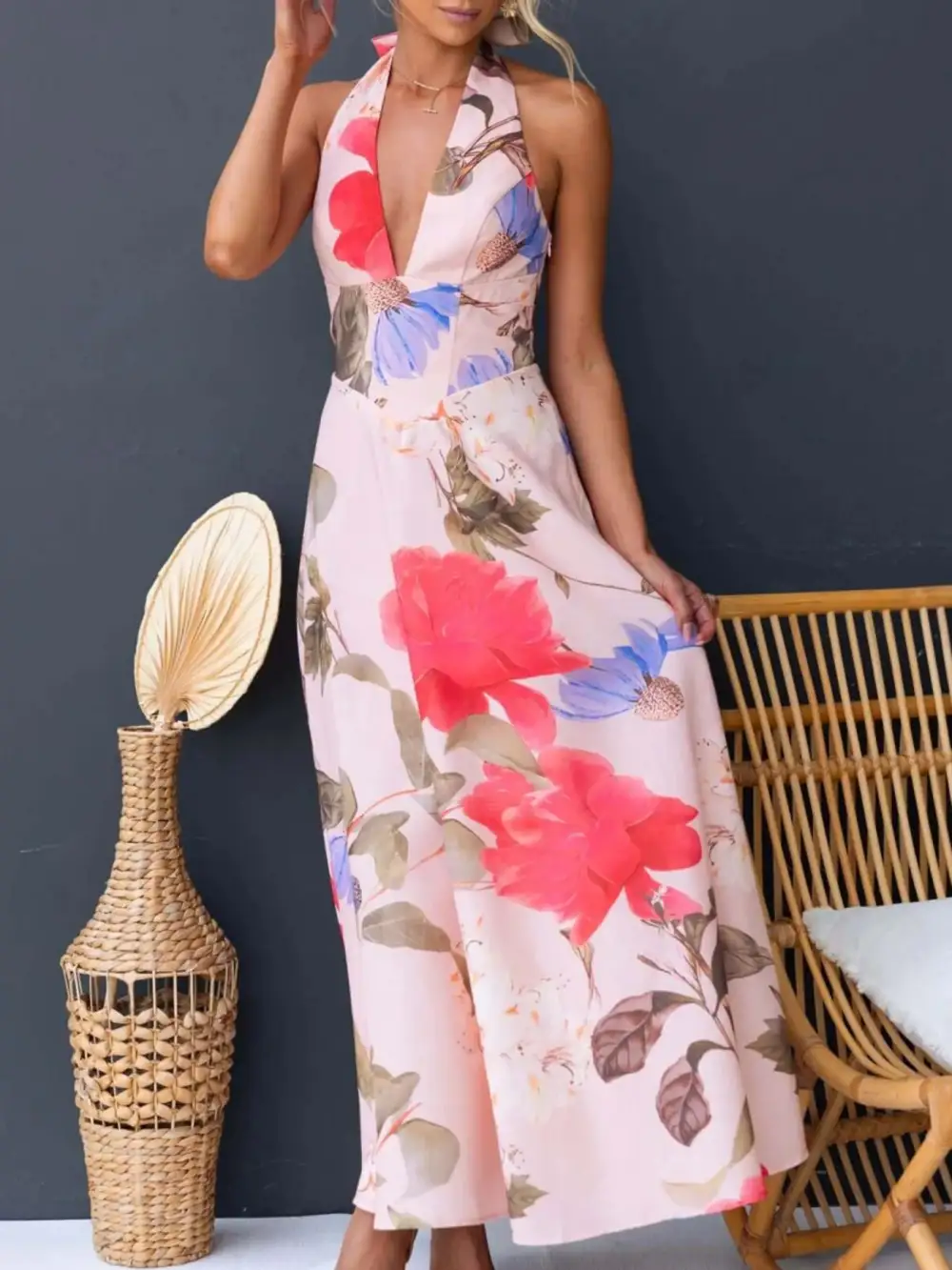 Casual Floral Print Halter Neck Maxi Dress