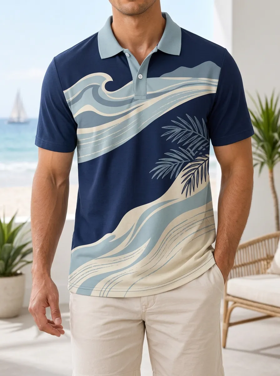 Men's Beach Vacation Ocean Wave Palm Tree Printed Polo Shirt Weekend Casual Style