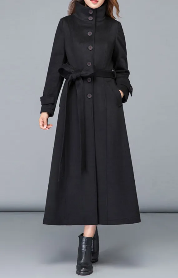 Refined Wool Blend Fit and Flare Single Breasted Stand Collar Pocketed Long Coat