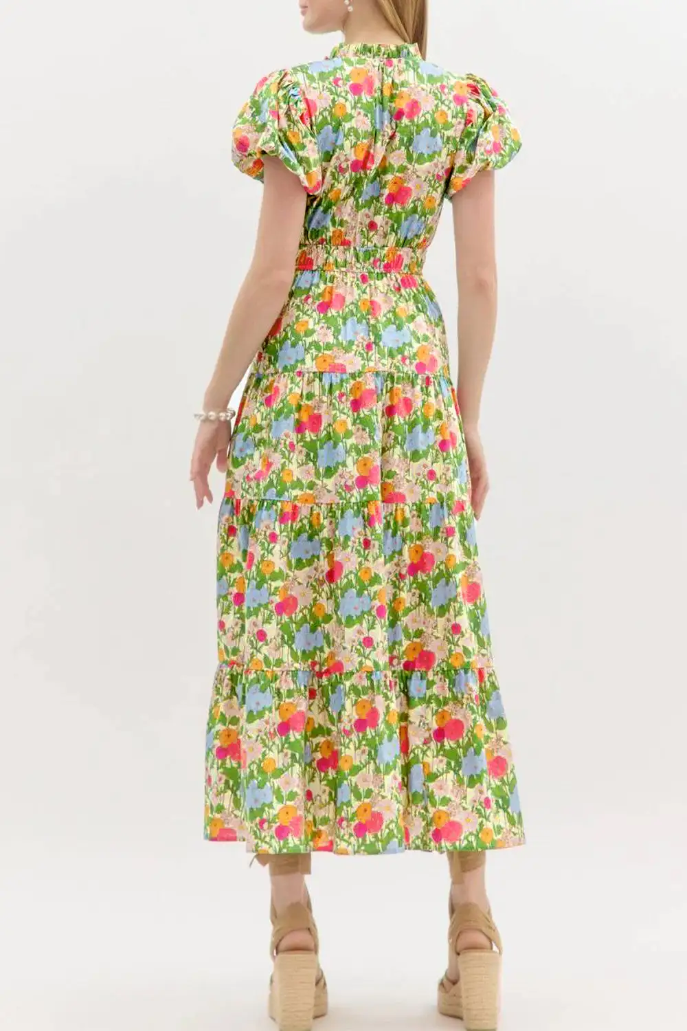 Floral Neck Puff Sleeve Maxi Dress