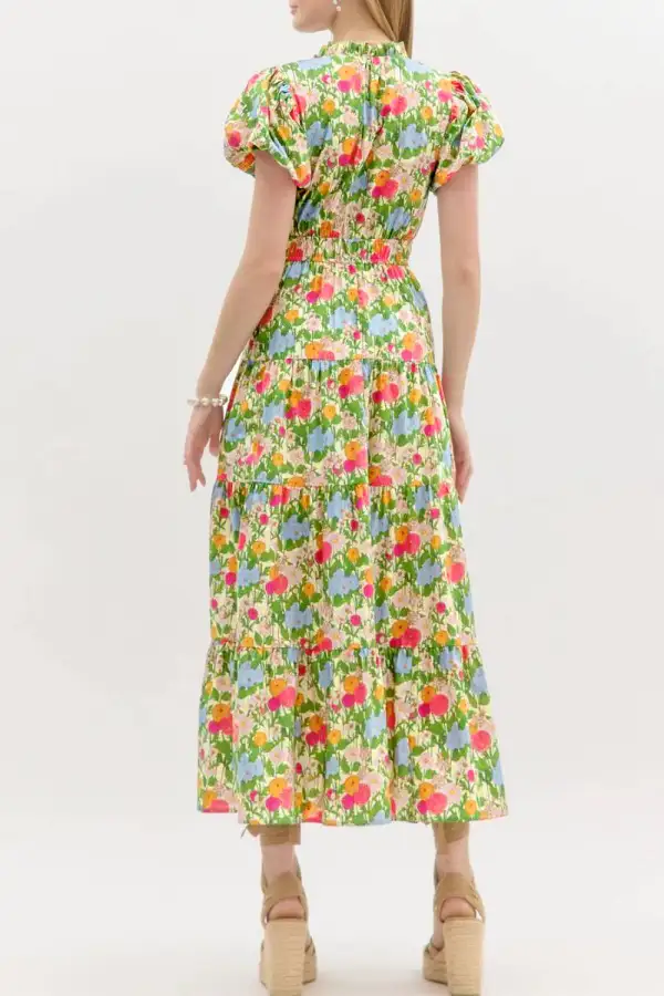 Floral Neck Puff Sleeve Maxi Dress