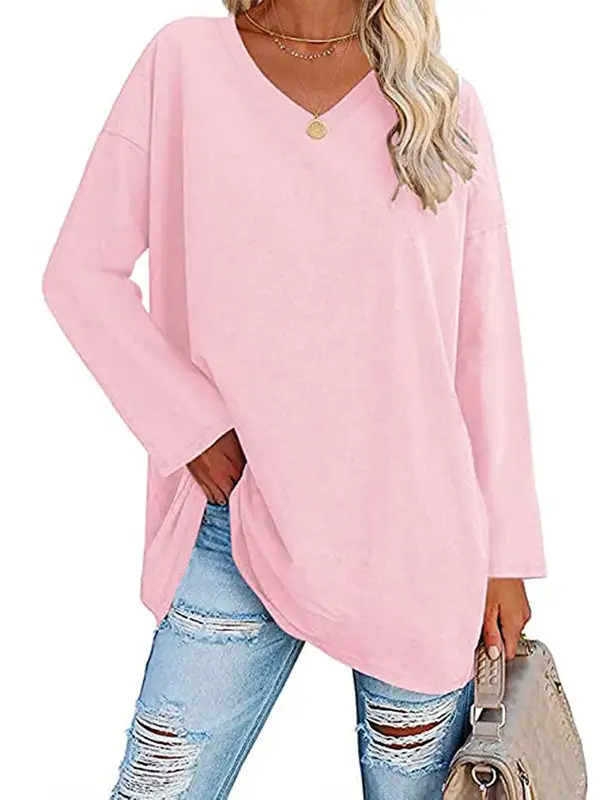 Long Sleeve Relaxed Sheer Panel Detail V-Neck T-Shirt