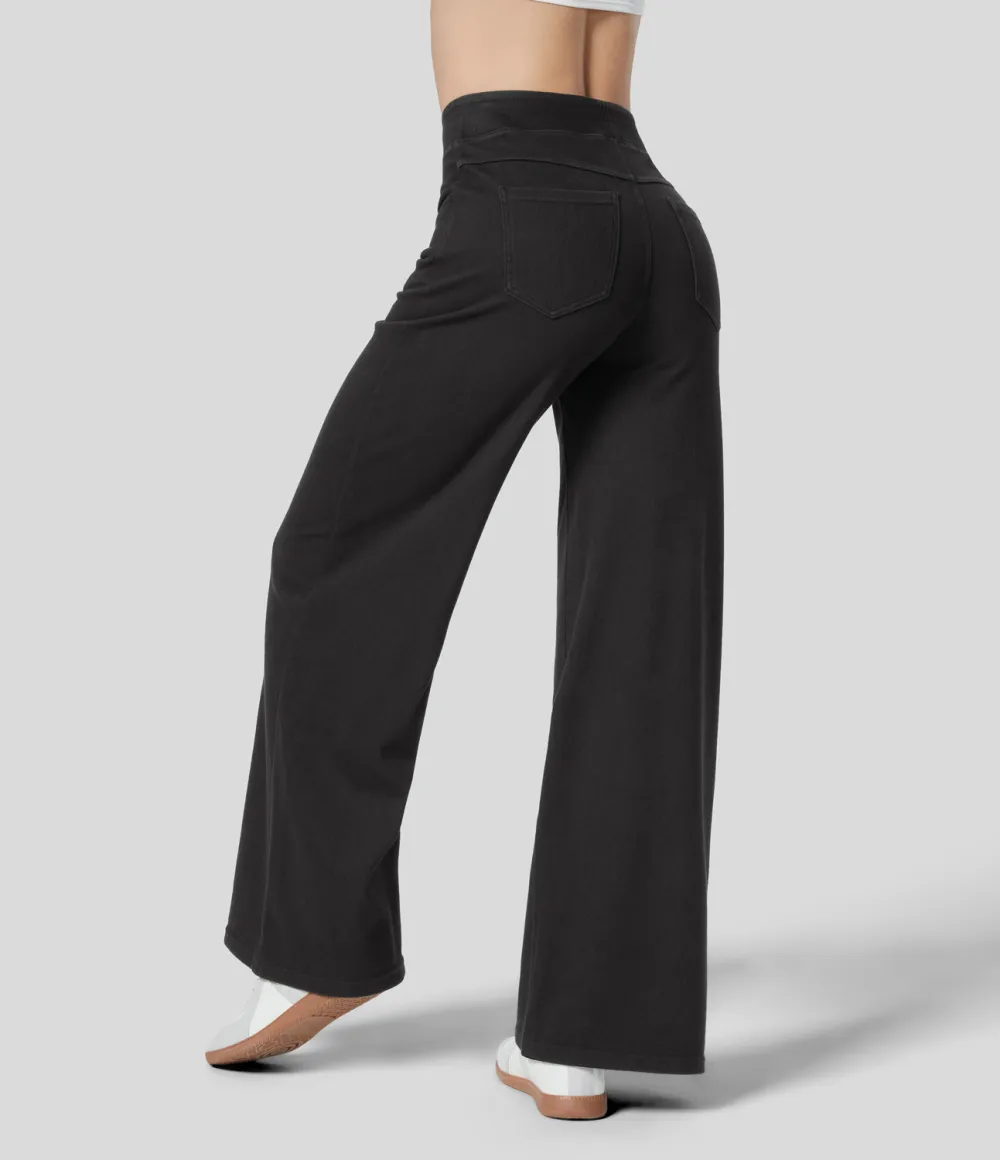 Magic High Waisted Multiple Pockets Wide Leg Stretchy Knit Casual Thermal Jeans