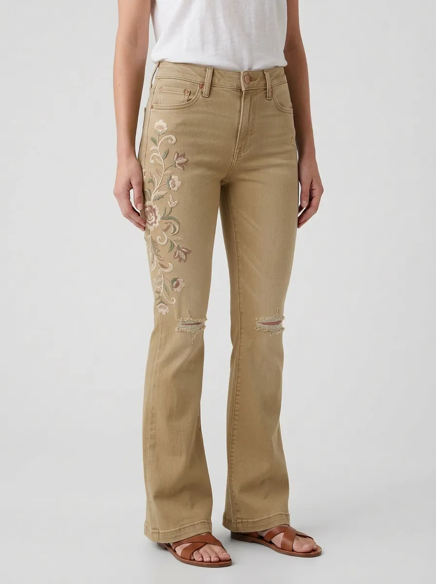 Women's Boho Meadow Medium Wash Floral Embroidery Flare Jeans