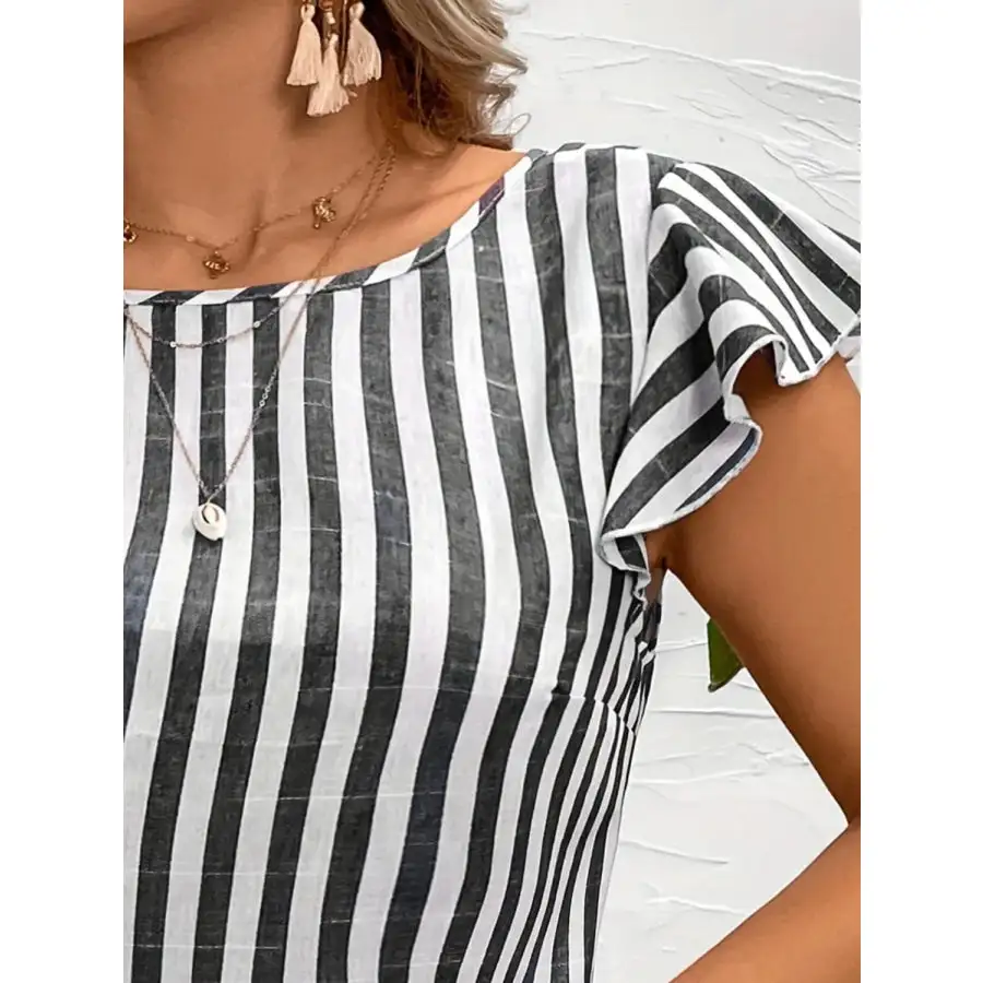 Ruffled Striped Round Neck Cap Sleeve Blouse