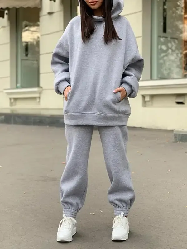 Solid Color Hooded Sweatshirt Casual Two Piece Set