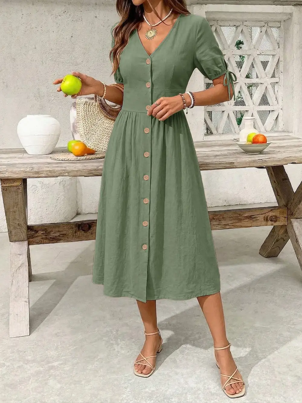Button Front Short Sleeve Midi Dress