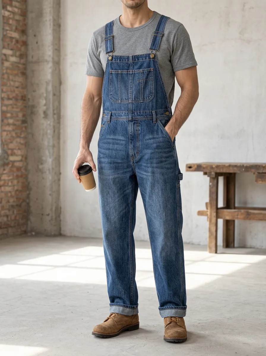 Men's Denim Work Overalls with Contrast Stitching