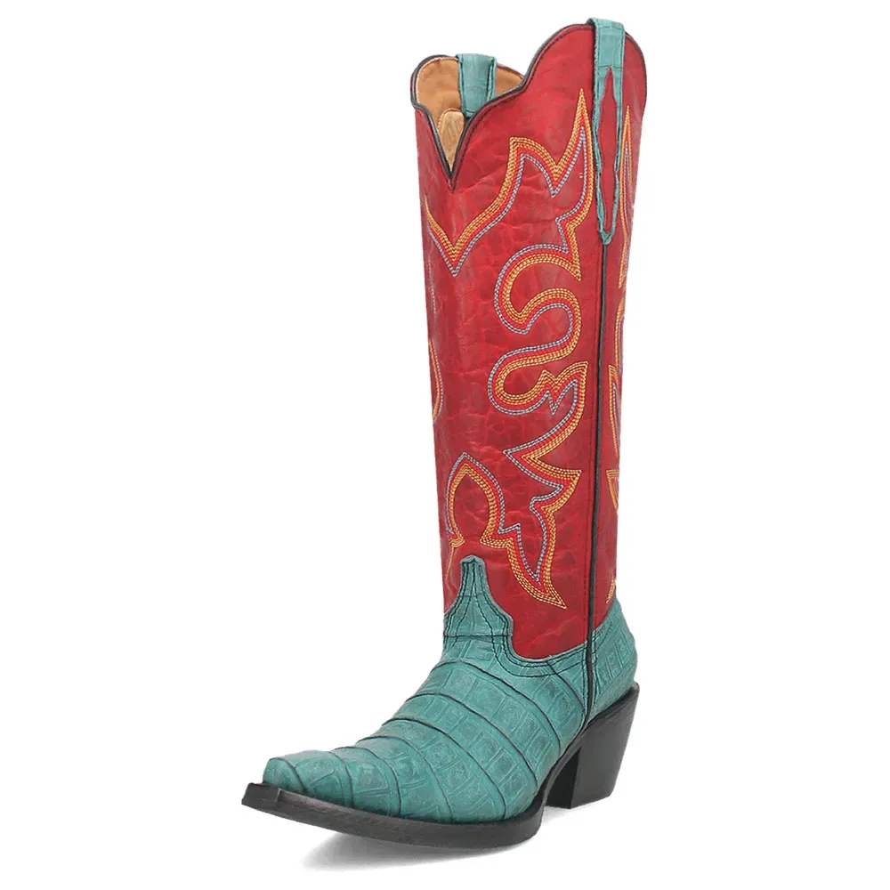 Faux-Leather Crocodile-Embossed Embroidered Snip-Toe Mid-Calf Boots