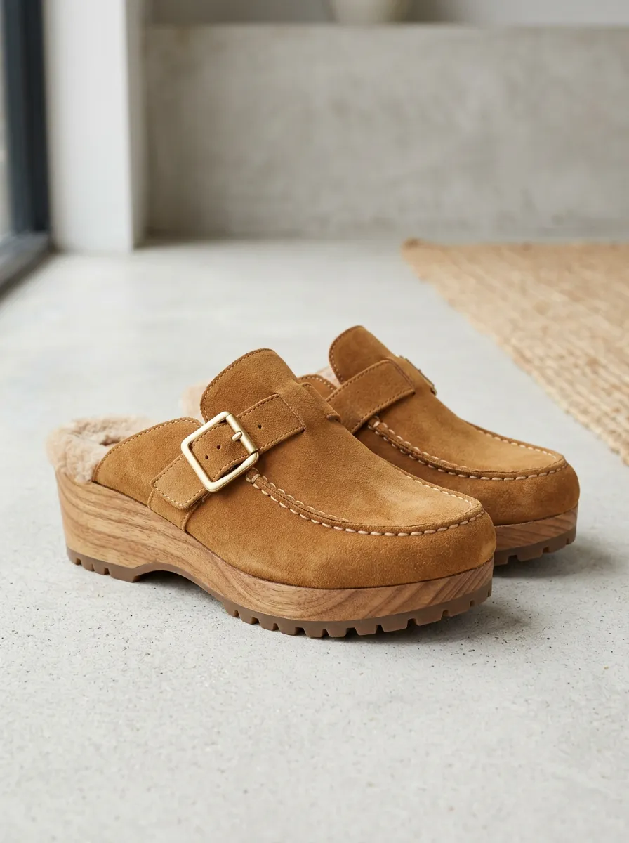Women's Outdoor Faux Fur Lined Buckle Detail Clog Style Suede Wood Sole Loafers