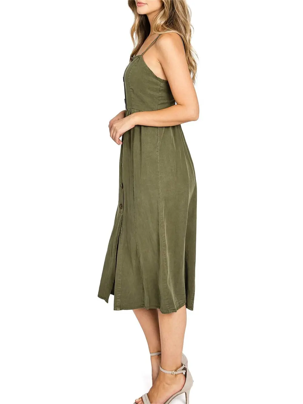 Light Blue Button - Front Spaghetti - Strap Dress