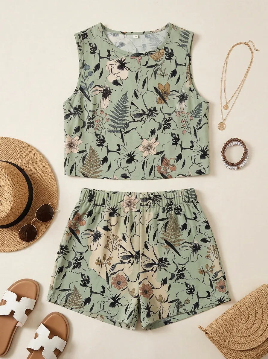 Women's Botanical Floral Sage Green Printed Sleeveless Short Set