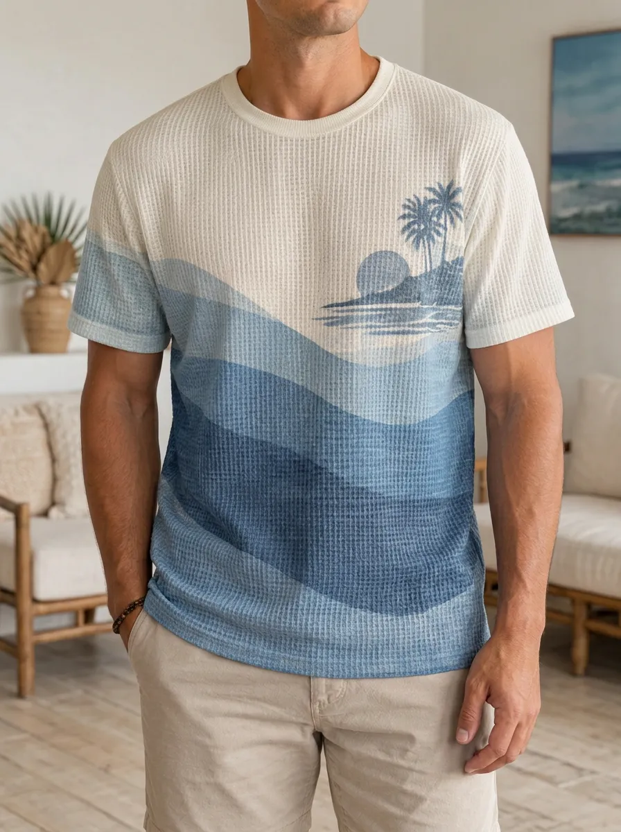 Men's Beach Vacation Tropical Sunset Waffle Knit Crew Neck T-Shirt