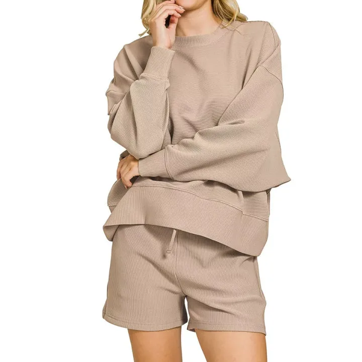 Ribbed Round Neck Pullover and Shorts Set