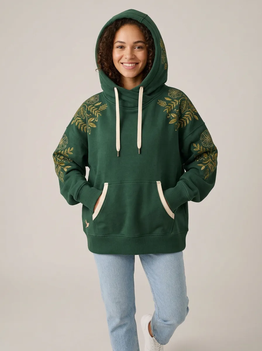 Women's Modern Layer Botanical Leaf Graphic Nature Inspired Hoodie