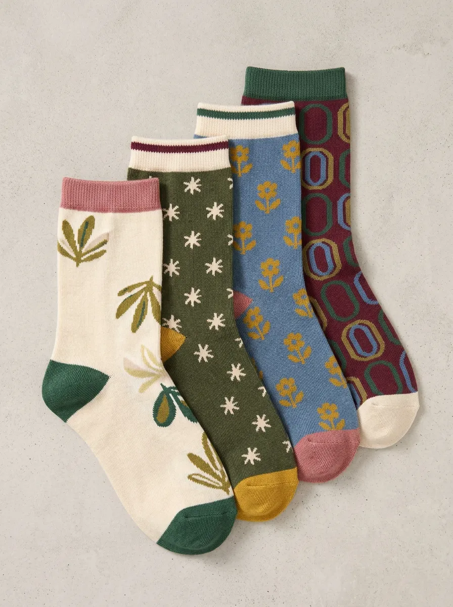 Classic Geometric Floral Vintage Four-Pair Casual Socks