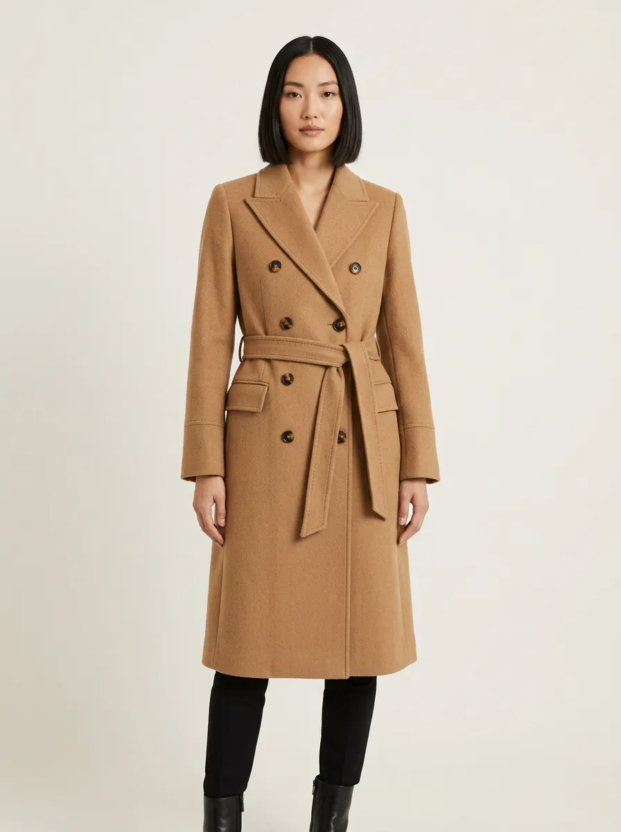 Women's Camel Double-Breasted Belted Wool Trench Coat