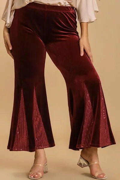 Sequin Elastic Waist Velvet Stretch Flared Pants