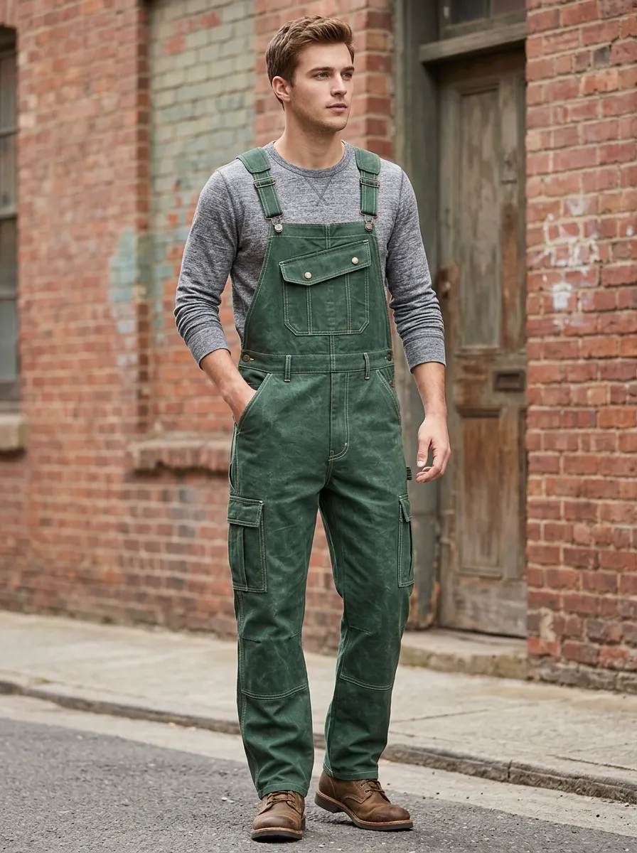 Men's Casual Workwear Green Canvas Cargo Overalls
