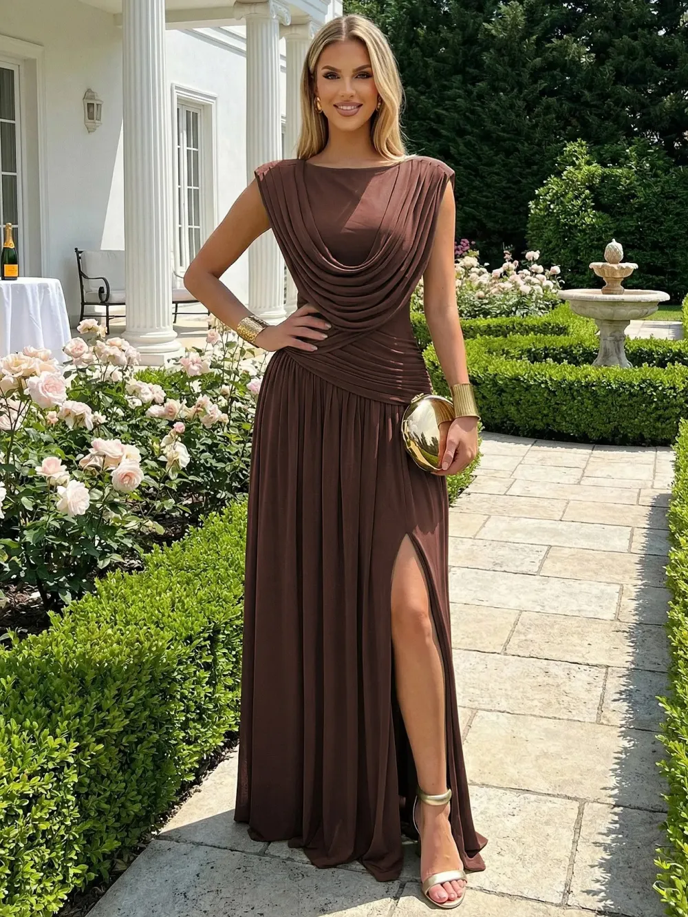 Women's Sleeveless Convertible Cowl Neck Ruched Waist Slim Fit Maxi Dress