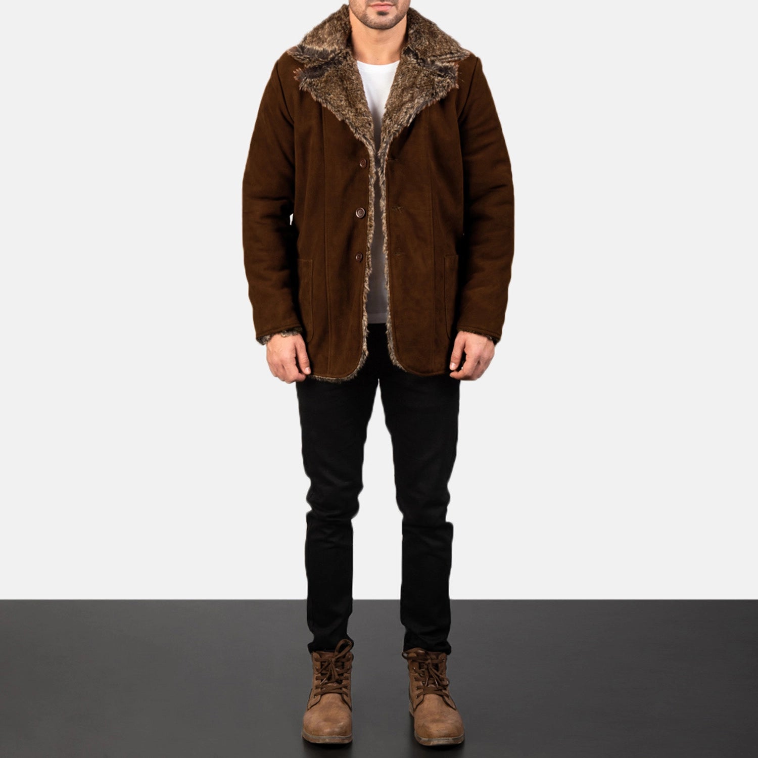 Men's Classic Suede Leather Fur Trim Coat