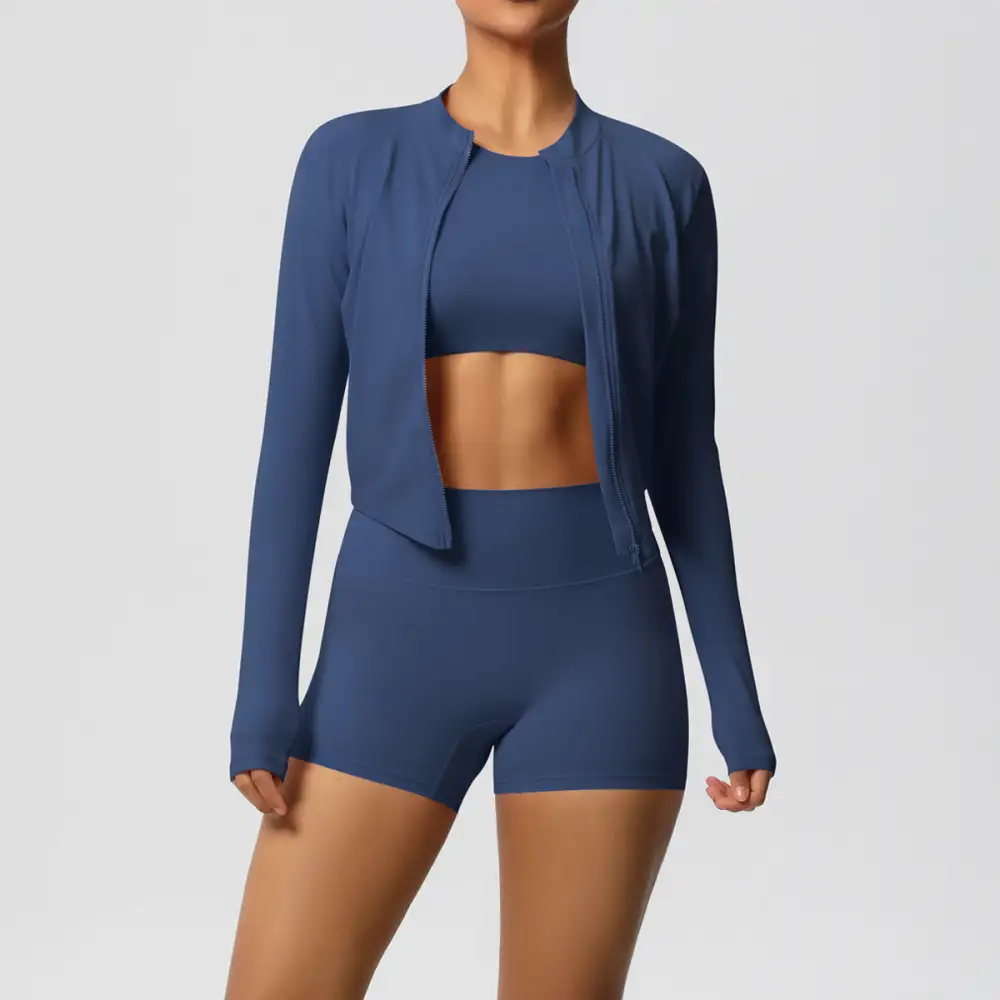 Zip-Front Long-Sleeve Jacket, Bra and Shorts Active Set