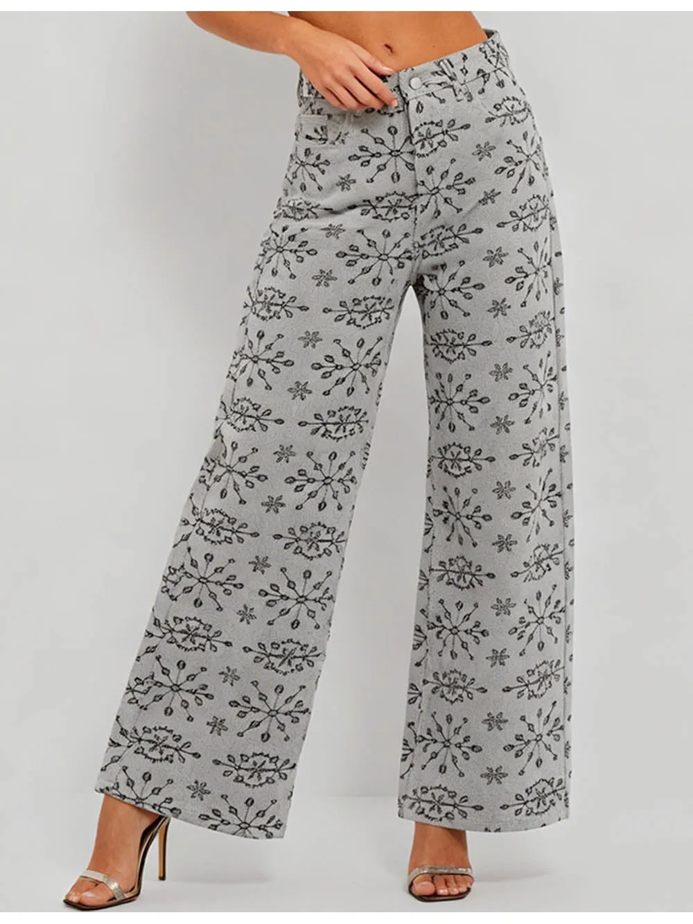 Geometric Jacquard Button Front Wide Leg Denim Pants