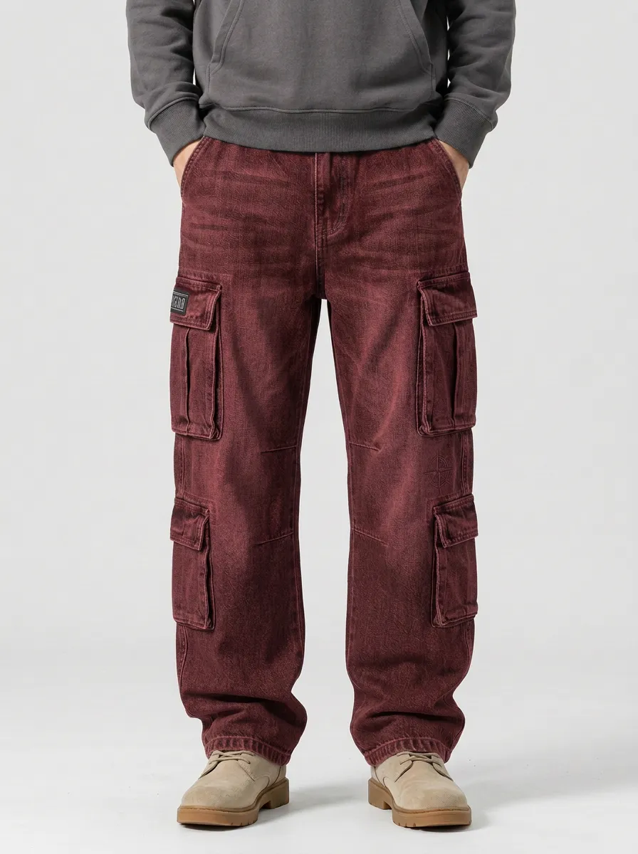 Men's Vintage Washed Denim Multi-Pocket Cargo Pants
