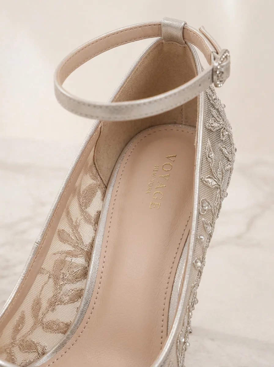 Rhinestone Floral Embroidered Mesh Women's Formal High Heels