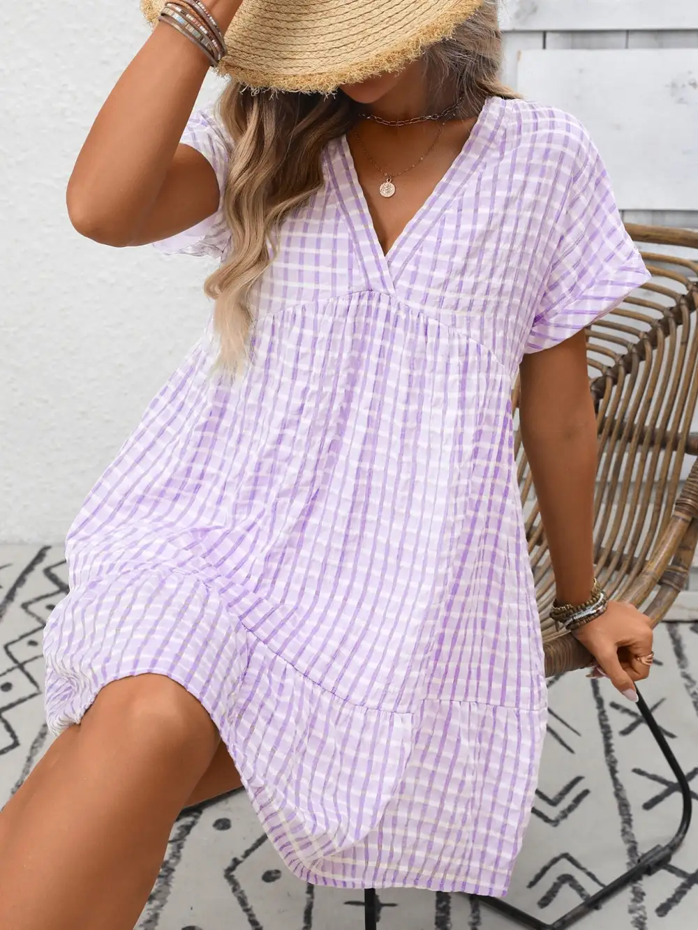 Modern V Neck Ruffle Mini Dress