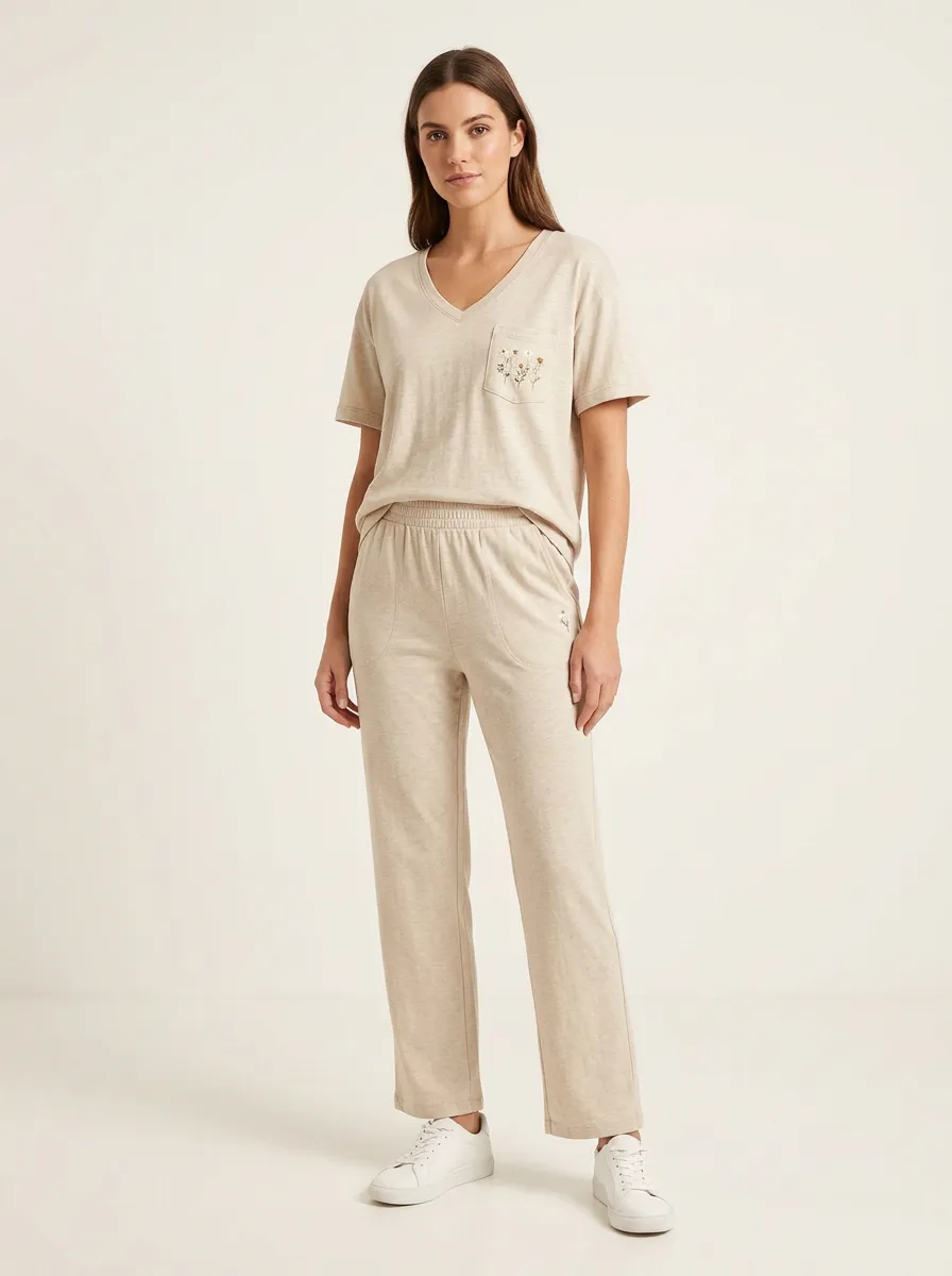 Women's Wildflower Embroidered V-Neck T-Shirt and Straight-Leg Pants Set