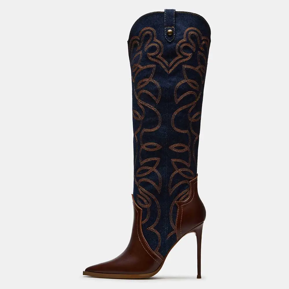 Faux-Leather Denim Embroidered Patchwork Knee-High Boots