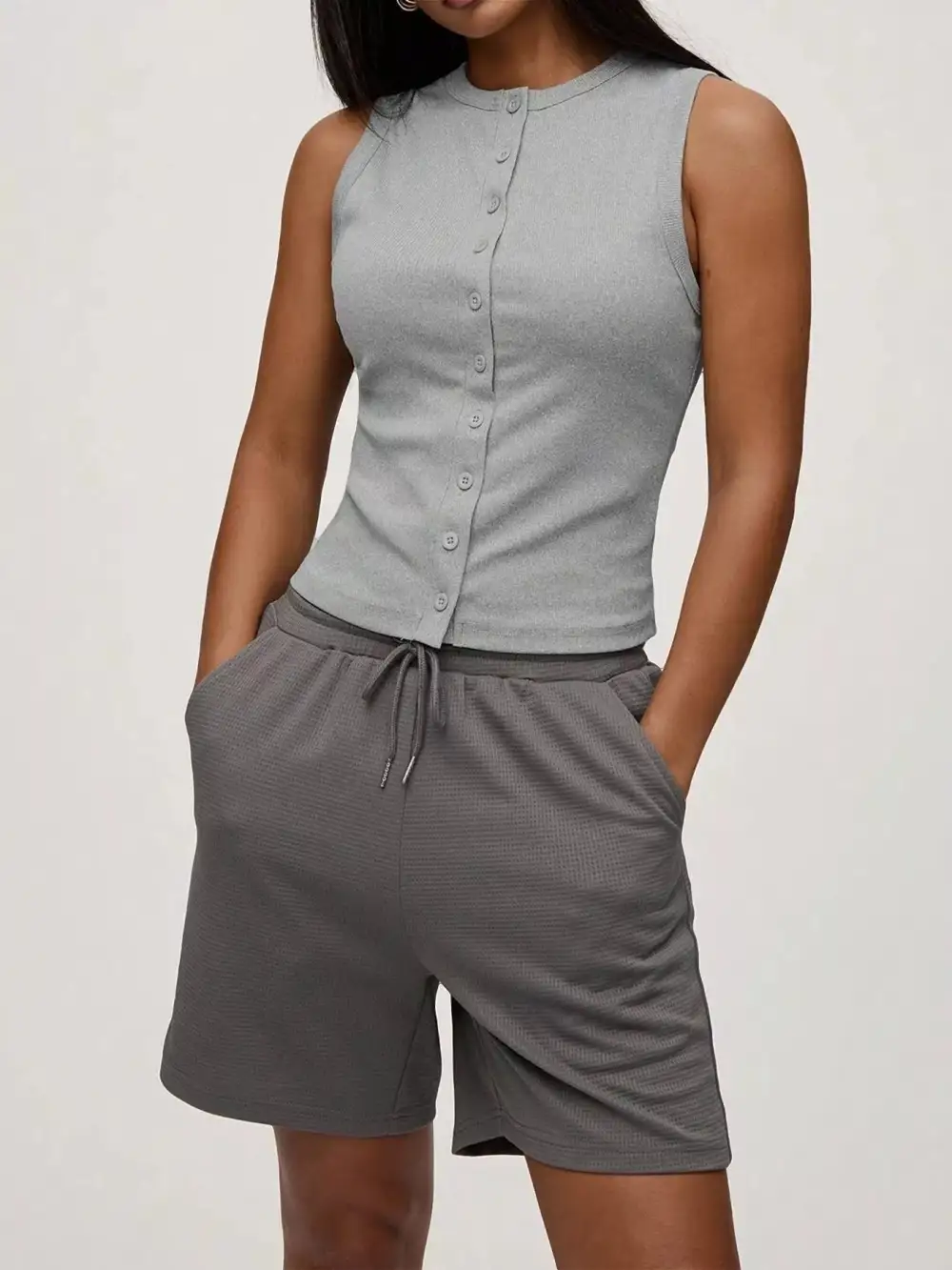 Ribbed Button Front Sleeveless Tank