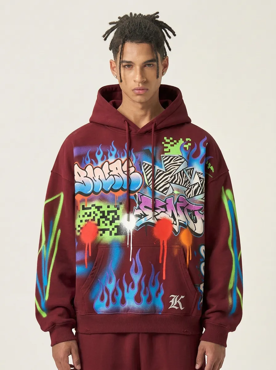 Unisex Streetwear Graffiti Flame Print Oversized Graphic Hoodie