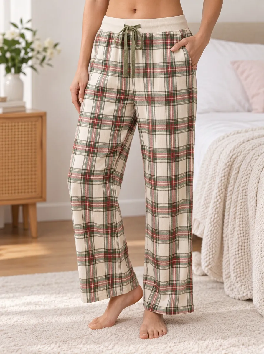 Women's Relaxed Plaid Ribbed Drawstring Pocket Sleep Pants
