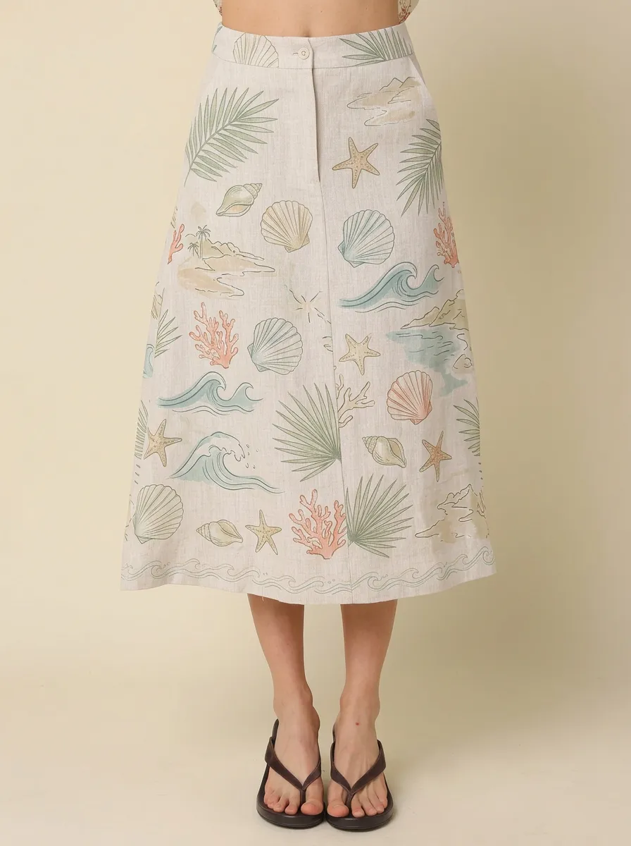 Women's Coastal Seashell Coral Palm Printed Skirt