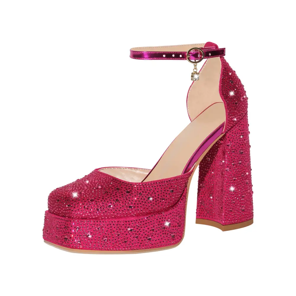 Rhinestone Square Toe Low Platform Chunky Heel Pumps