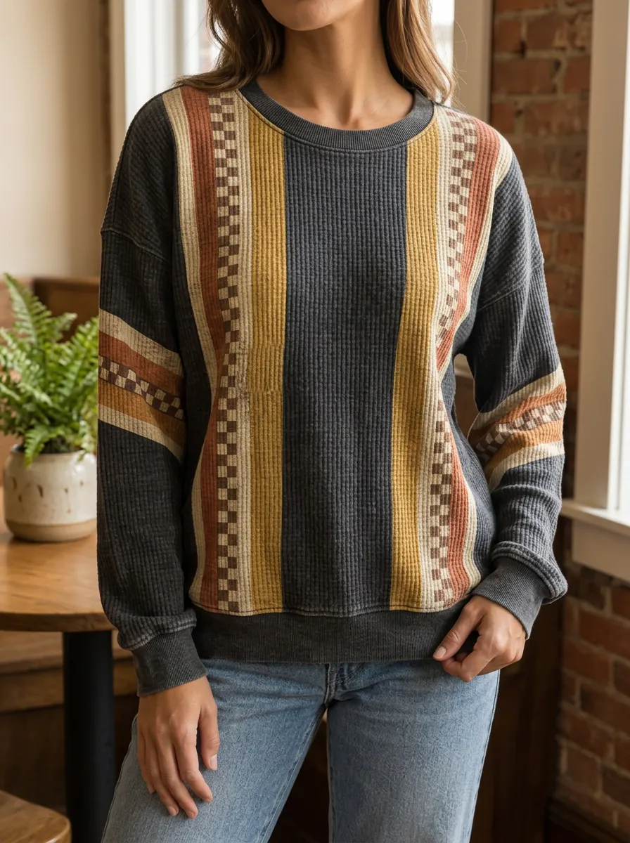 Women's Boho Striped Checkerboard Pattern Printed Waffle Knit Sweatshirt
