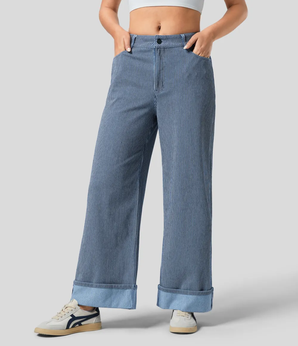 Magic Mid Rise Multiple Pockets Rolled Hem Striped Washed Stretchy Knit Casual Wide Leg Jeans
