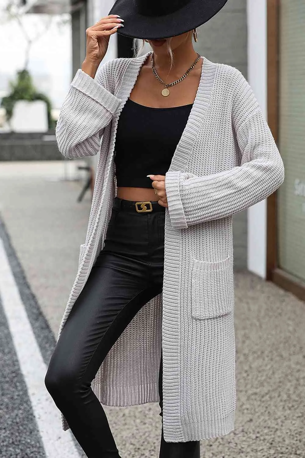 Open Front Dropped Shoulder Pocket Detail Cardigan