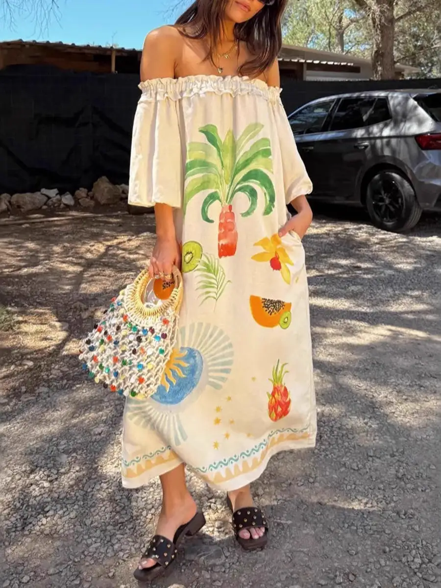 Sleeves Pleated Printed Long Maxi Dress
