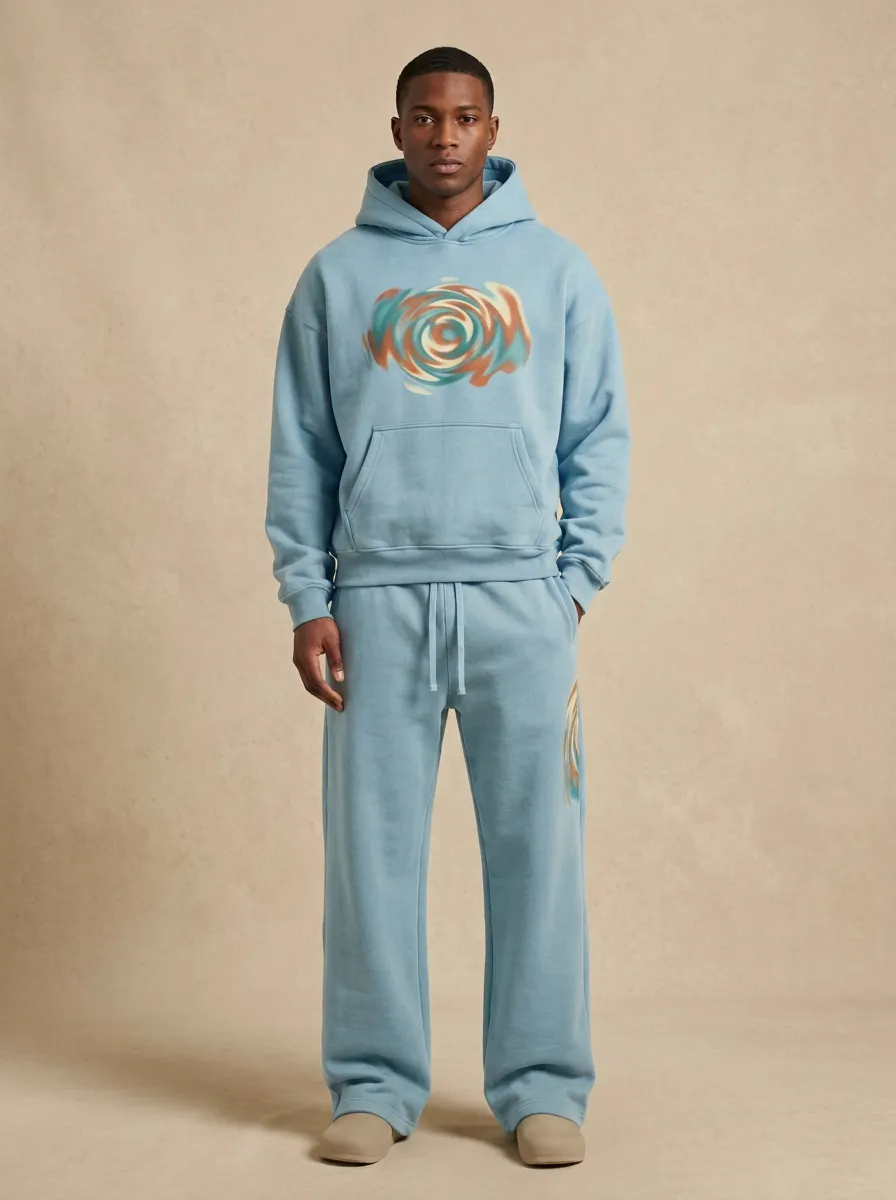 Men's Streetwear Abstract Swirl Printed Hoodie Sweatpants Set