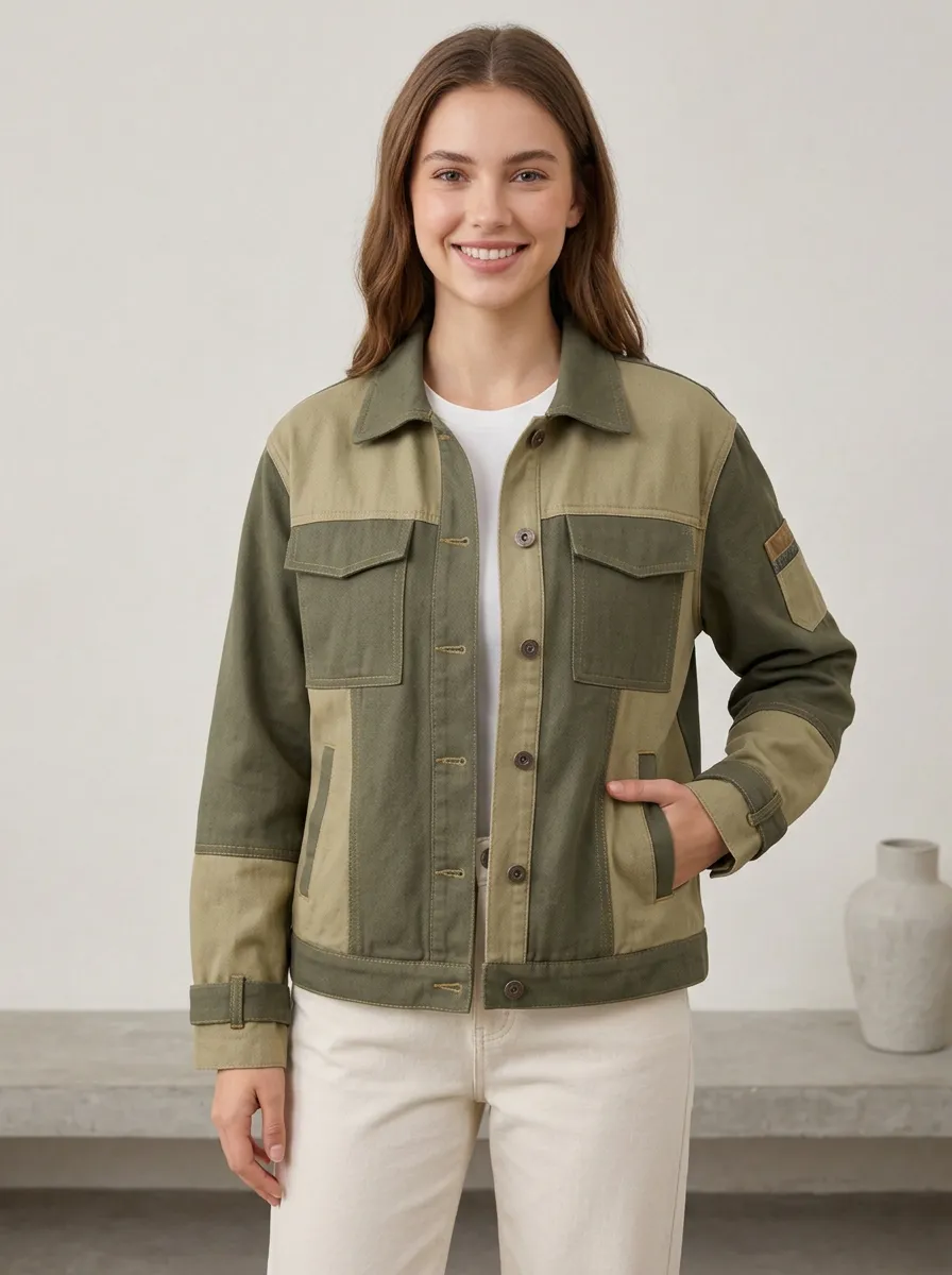 Women's Casual Olive Green Colorblock Patchwork Button Up Jacket