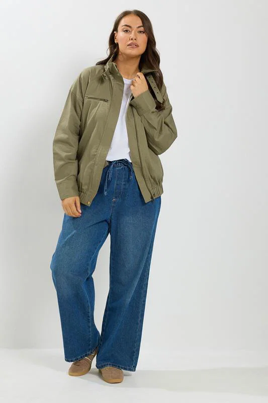 Khaki Green Funnel Neck Twill Shacket detail 2