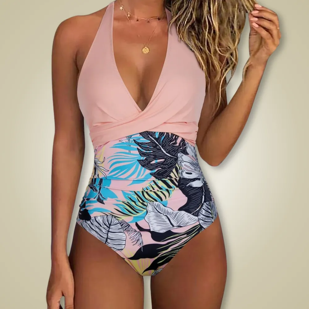  Push Up Halter Neck Tropical Print One Piece Swimsuit Apparel