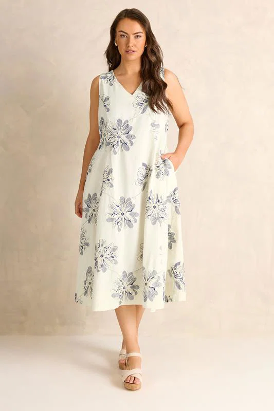 Cream Embroidered Floral Linen Midi Dress detail 2
